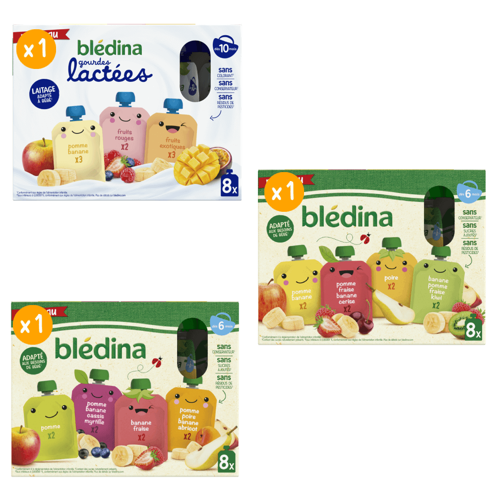 Gourdes - Multi-variétés - Fruitées et Lactées - Lot x 3 - Blédina - Dès 10 mois - Face