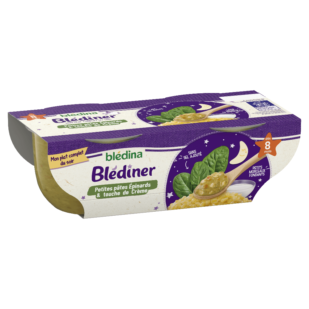 Blédîner - Petites Pâtes Epinards et touche de crème - Lot x 4 - Blédina - Dès 8 mois - 3d