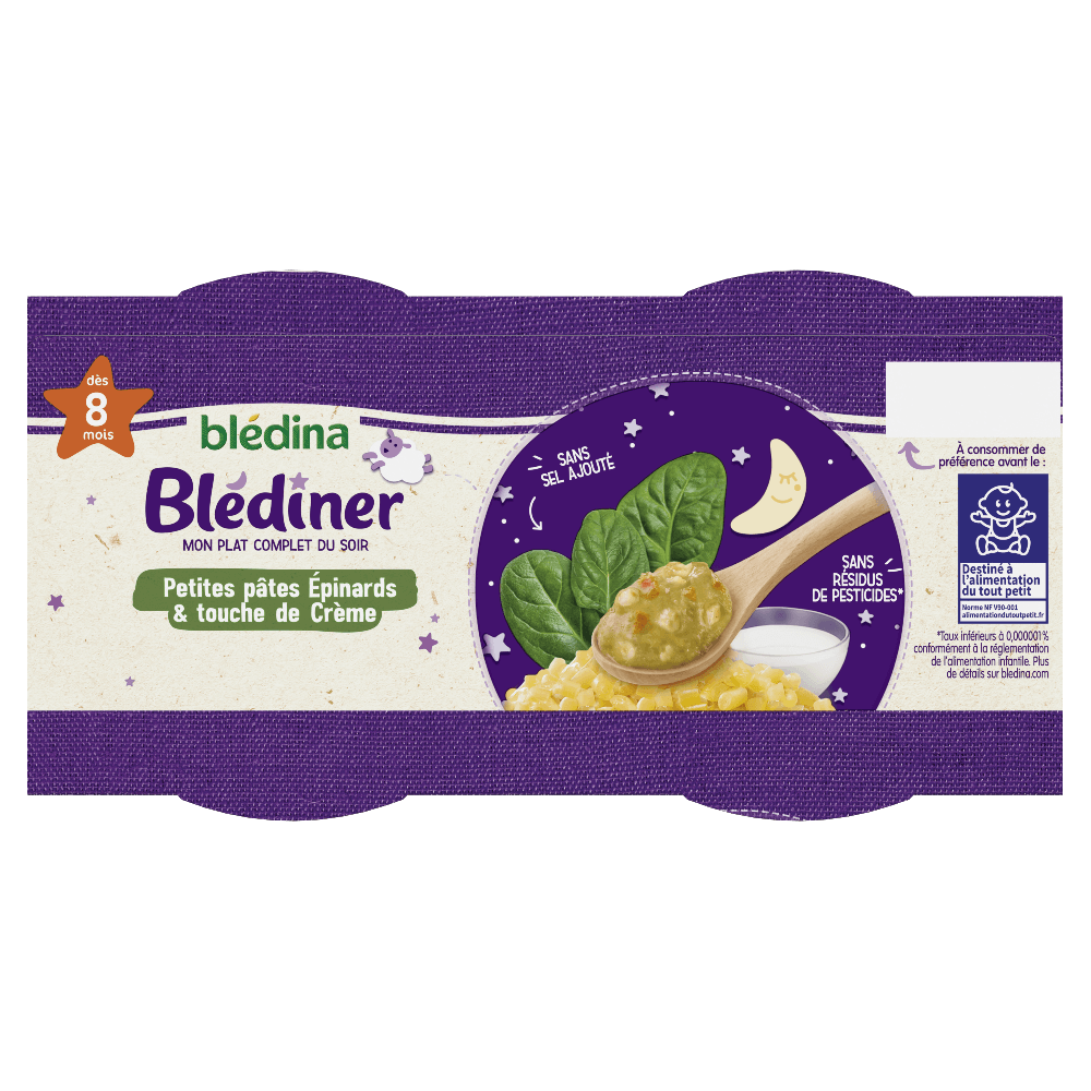 Blédîner - Petites Pâtes Epinards et touche de crème - Lot x 4 - Blédina - Dès 8 mois - Dessus