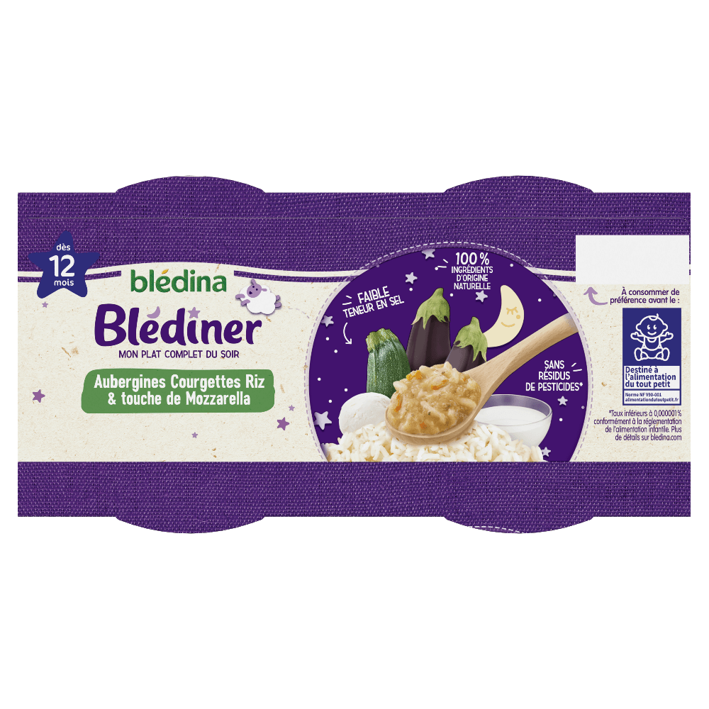 Blédîner - Mouliné d'aubergines et courgettes, riz et touche de mozzarella - Lot x4 - Blédina - Dès 12 mois - Dessus