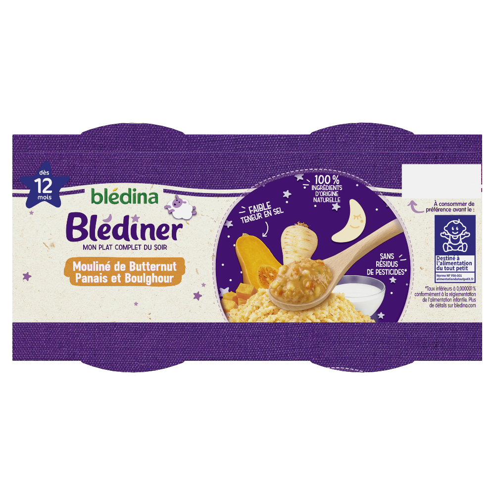 Blédîner - Mouliné de Butternut Panais et Boulghour - Lot x4 - Blédina - Dès 12 mois - Dessus