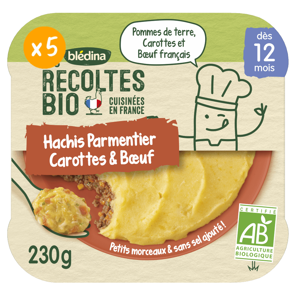 Les Récoltes Bio - Hachis Parmentier, Carottes et Boeuf - Lot x5 - Dès 12 mois - Face