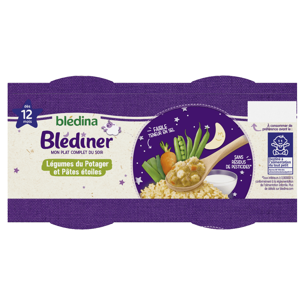 Blédîner - Légumes du potager et Pâtes étoile - Lot x3 - Blédina - Dès 12 mois - Dessus