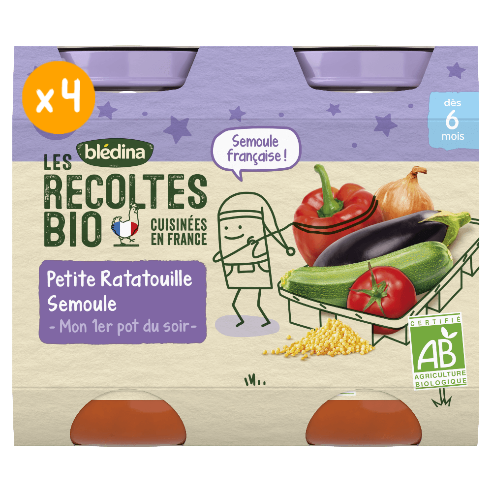 Petits pots Les Récoltes Bio - Ratatouille Semoule - Lot x 4 - Dès 6 mois - Face