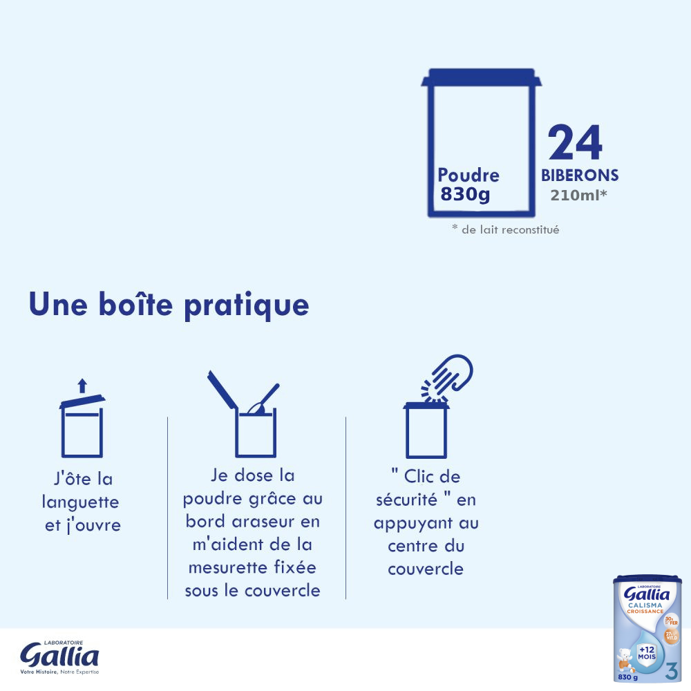 Calisma Croissance - 830g - Lait infantile - Lot x3 - Laboratoire Gallia - Dès 12 mois