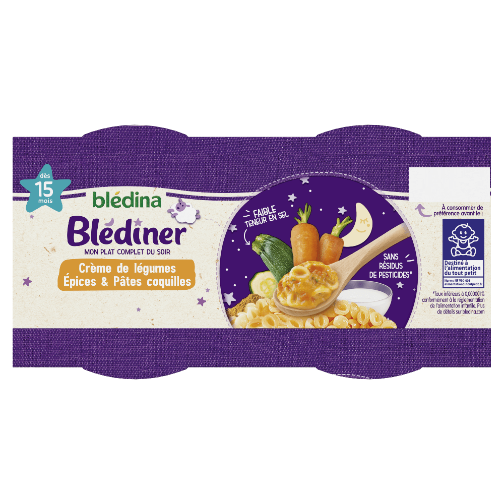 Blédîner - Crème de légumes Epices et Pâtes coquilles - Lot x4 - Blédina - Dès 15 mois - Dessus