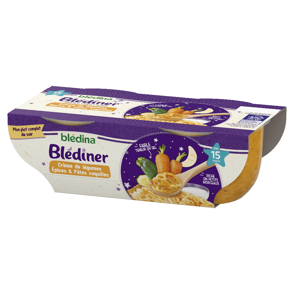 Blédîner - Crème de légumes Epices et Pâtes coquilles - Lot x4 - Blédina - Dès 15 mois - 3D