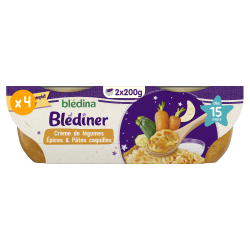 Blédîner - Crème de légumes Epices et Pâtes coquilles - Lot x4 - Blédina - Dès 15 mois - Face