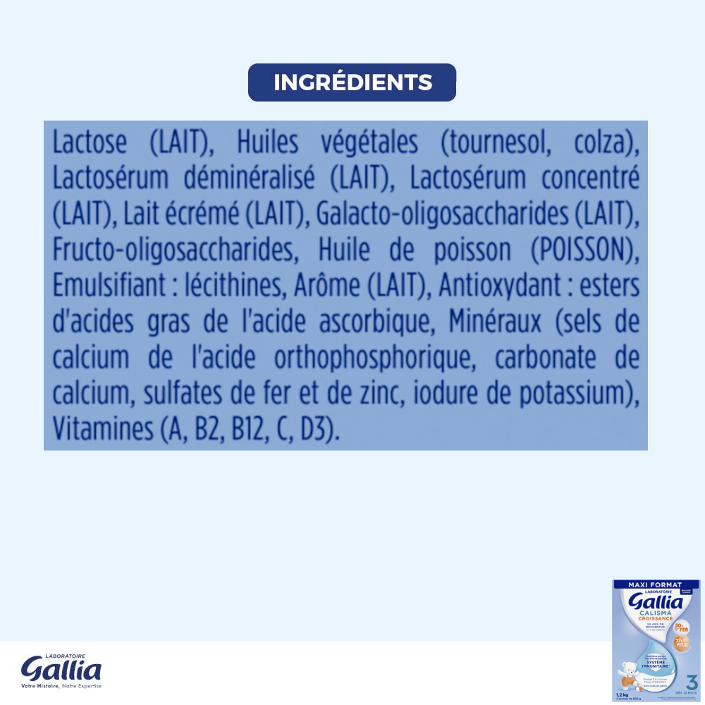 Calisma croissance 1,2kg - Lait infantile - Lot x3 - Laboratoire Gallia - Dès 12 mois