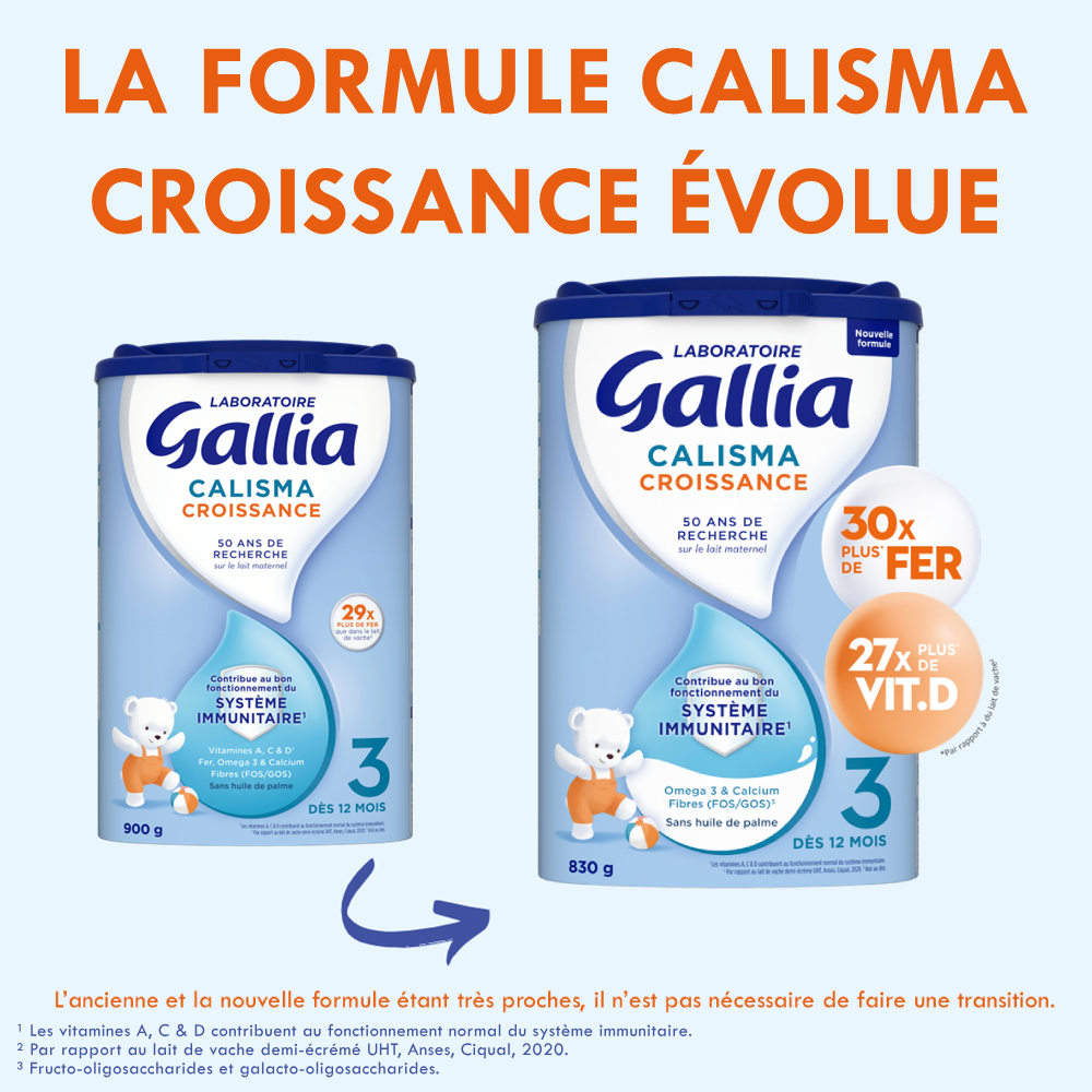 Calisma Croissance - 830g - Lait infantile - Lot x3 - Laboratoire Gallia - Dès 12 mois - Face 2