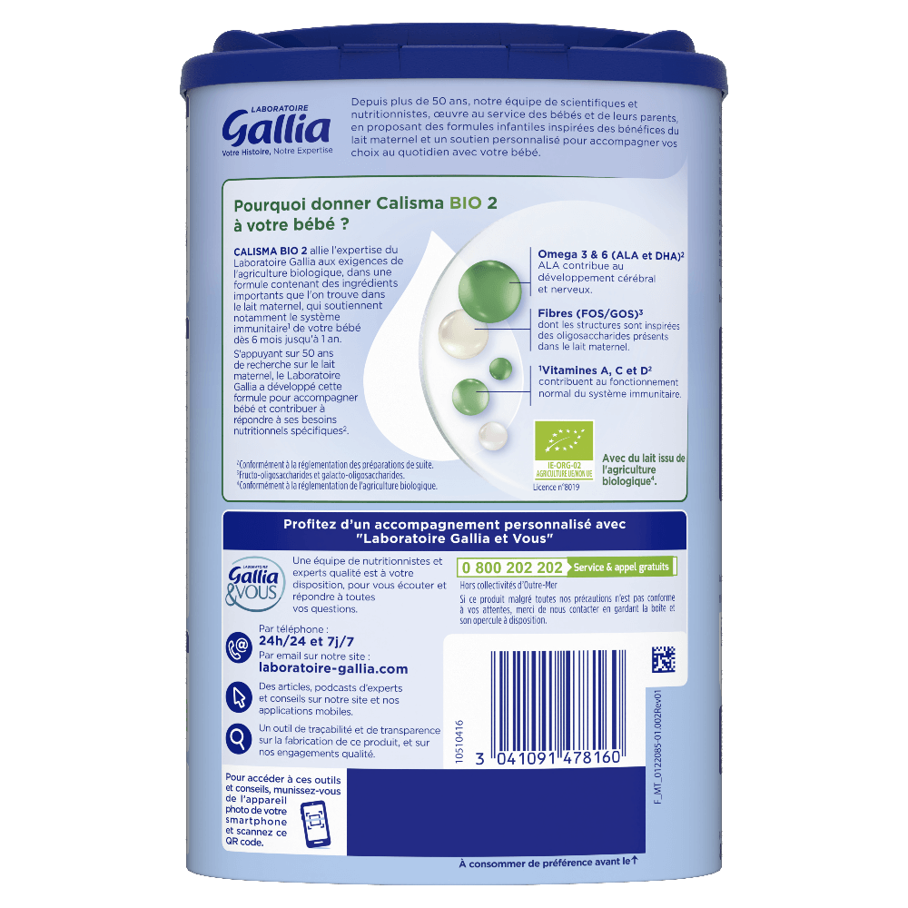 Calisma Bio 2ème âge - 800g - Lait infantile - Lot x3 - Laboratoire Gallia - Dos