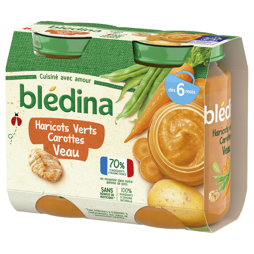 Petits pots Blédina - Purée Haricots Verts Carottes Veau - Dès 6 mois