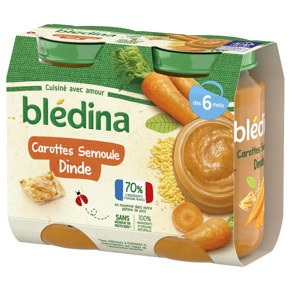 Petits pots Blédina - Carottes Semoule Dinde - Dès 6 mois