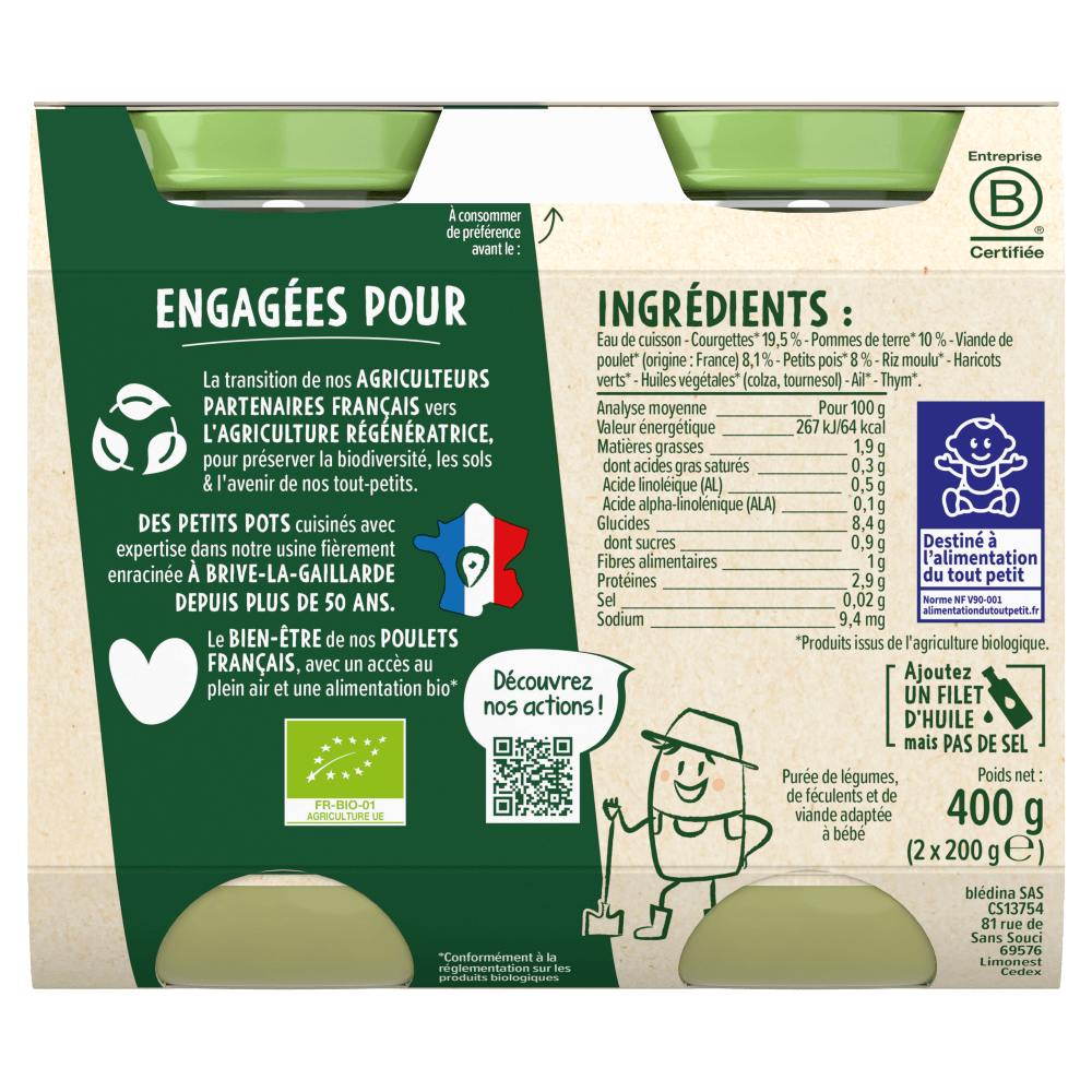 Petits pots Les récoltes Bio - Purée de Courgettes Poulet Fermier Thym 2x200g - Dos