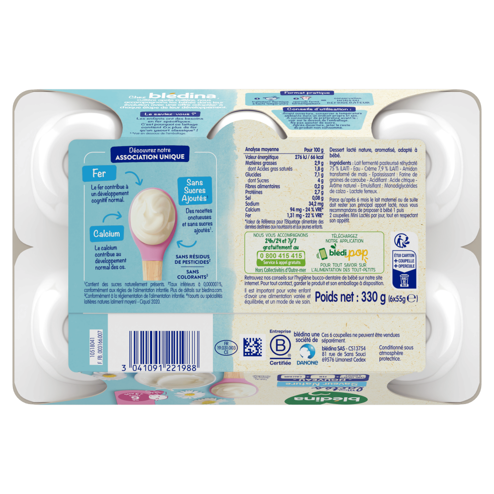 Mini Lactés Nature sans sucres ajoutés - 6x55g - Dos
