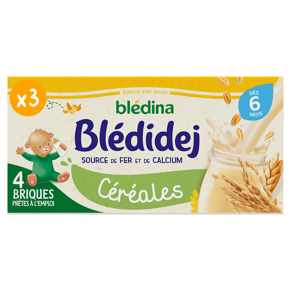 LOT DE 3 - BLEDINA : Blédidej - Céréales lactées biscuité vanille dès 12  mois 4 x 250 ml