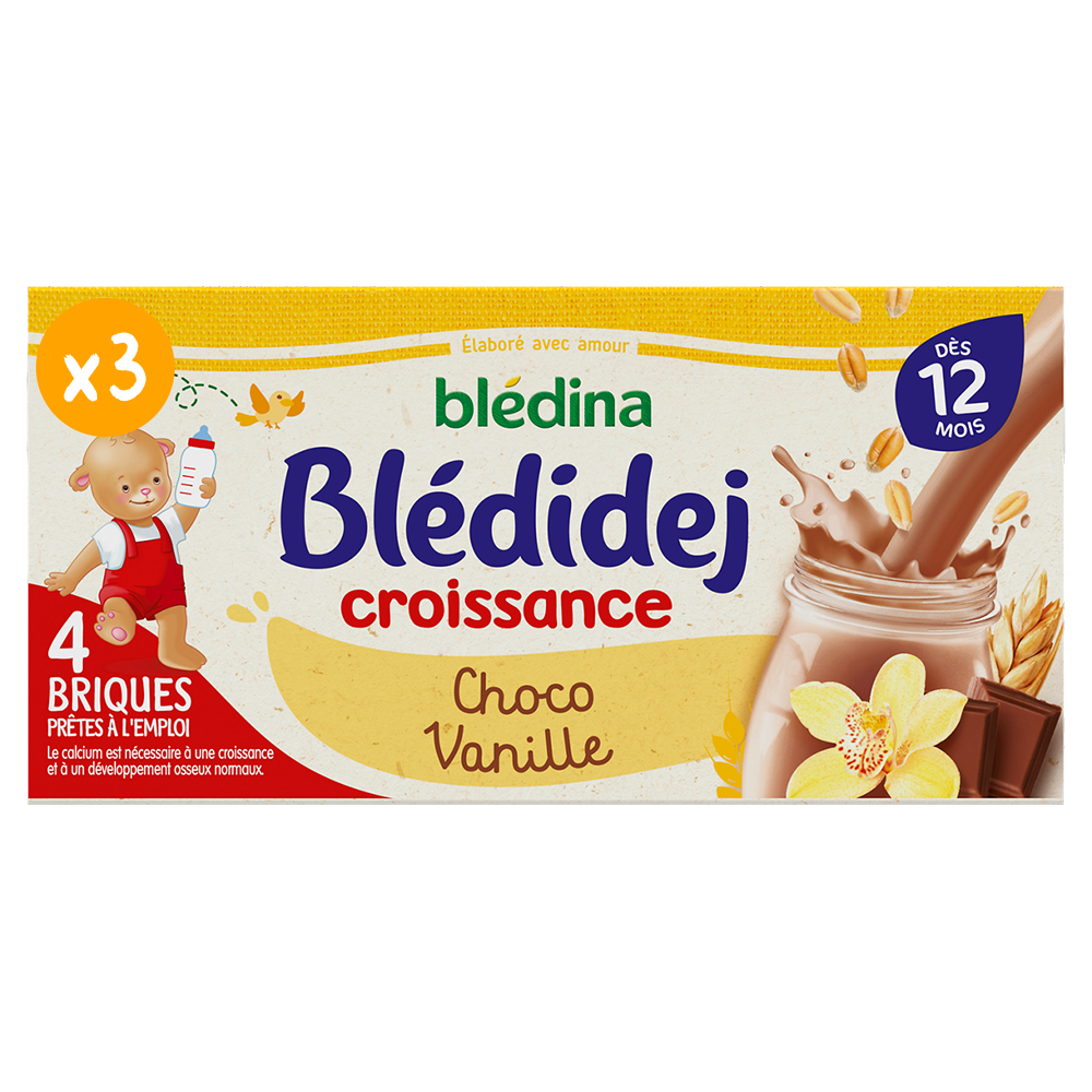 Blédina Blédidej, Céréales bébé Lactées Chocolat Vanille, Dès 12 Mois (1  an), 250 ml (Pack de 3x4 briques) : : Epicerie