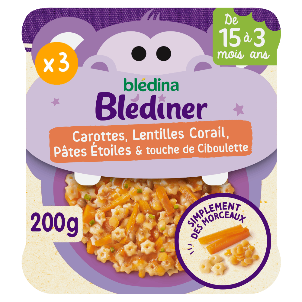 Morceaux à dévorer - Carottes, Lentilles Corail, Pâtes Etoiles & touche de ciboulette - Lot x3