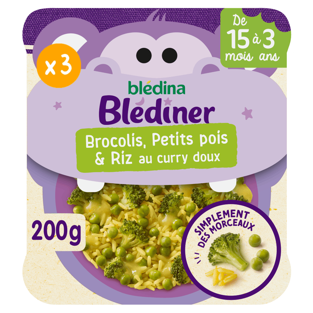 Morceaux à dévorer - Brocolis, Petits Pois & Riz au curry doux - Lot x3