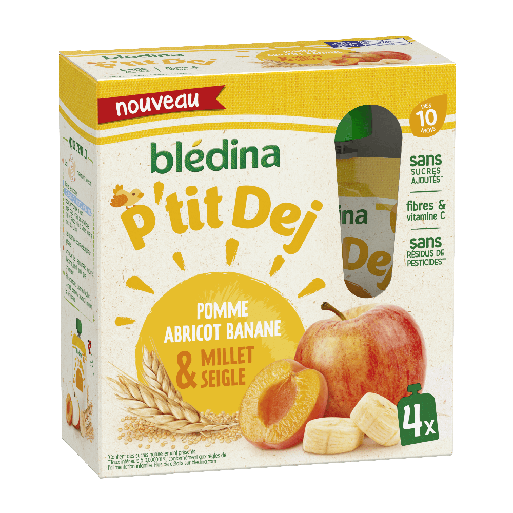 Gourdes P’tit Dej - Pomme Banane Abricot Millet Seigle - 4x85g - Blédina - Dès 10 mois - 3D