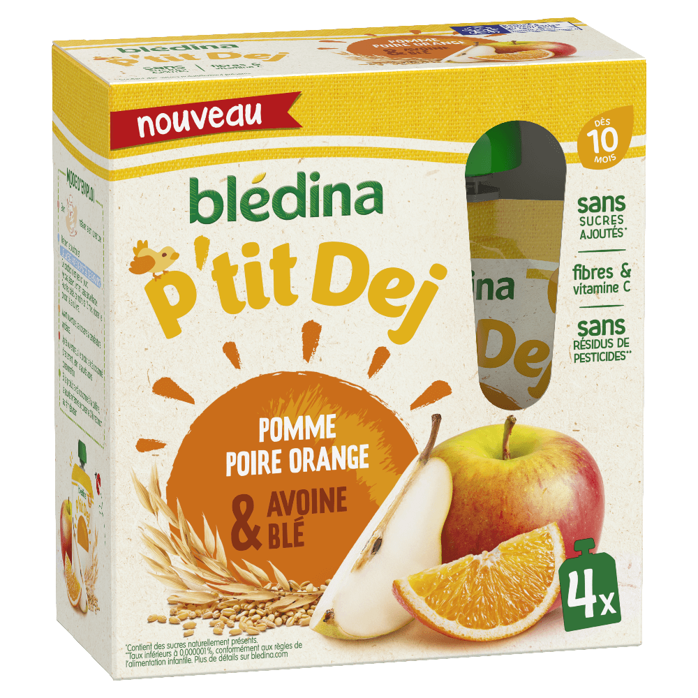 Gourdes P’tit Dej - Pomme Banane Abricot Millet Seigle - 4x85g - Blédina - Dès 10 mois - 3D