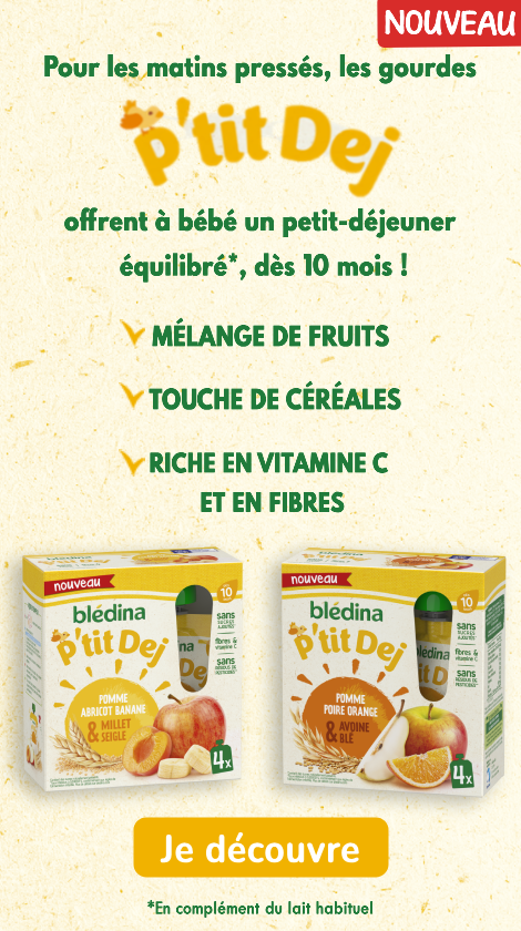 Pour les matins pressés, les gourdes P'tit Dej offrent à bébé un petit-déjeuner équilibré* dès 10 mois !